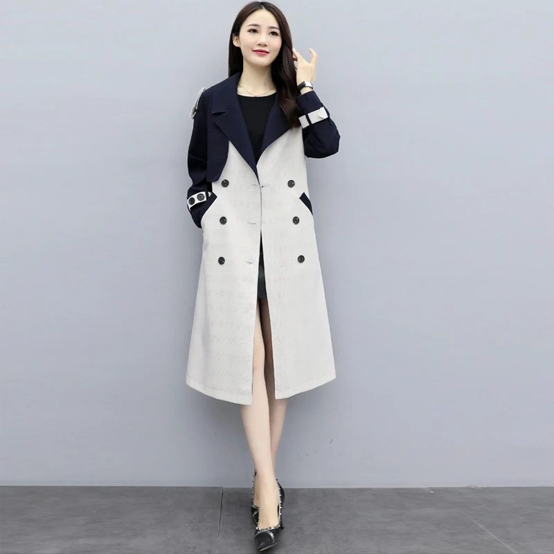 

Pacthwork Plaid Trench Jacket Spring Mid-Length Double-Breasted Turn-Down Collar Adjustable Waist Slim Jacket Women Spring 2020