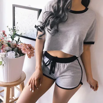 

Pijama Womens Pajamas Set Short Sleeve Splice Solid Crop Tops Shorts Sleepwear Pajamas Women Pijamas Cotton Pyjama Sexy Femme