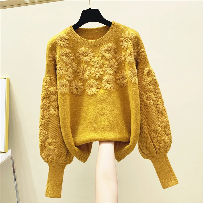 

2020 Spring Autumn Thick Hand-Made Embroidery Three-dimensional Flower Round-Neck Loose-Fit Sweater Women's Sweates Outwear
