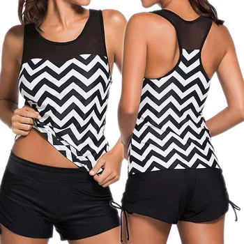 

New Mesh Tankini Swimsuits Women Plus Size Swimsuit Tankini Set Striped Swimwear Bathing Suit Tankini With Shorts Beachwear