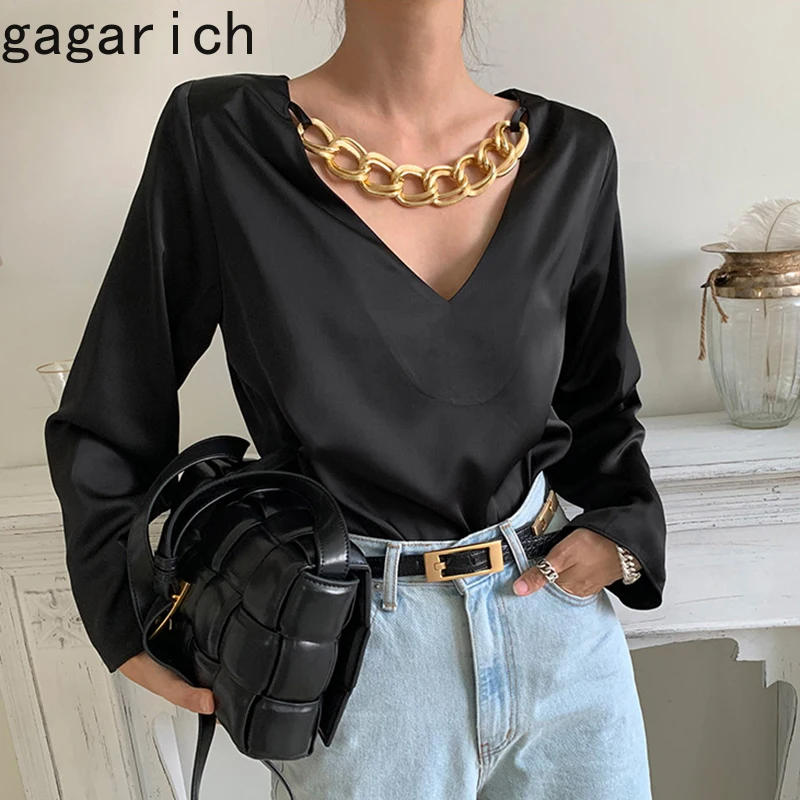 Gagarich camisas con cuello en V para mujer, blusas decoradas con cadena de Metal, elegantes, coreanas, 2021|Blusas y camisas| - AliExpress