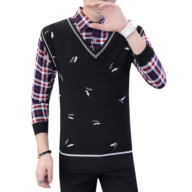 UYUK2019 осень зима стиль темпера мужчины t Повседневный Harajuku свободный модный тренд лацканы поддельные два вязанных тонкий мужской свитер Одежда