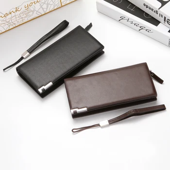 

Fashion Men Bifold Coin Purse Long Zipper Wallet with Lanyard Fashion PU Leather Card Pack