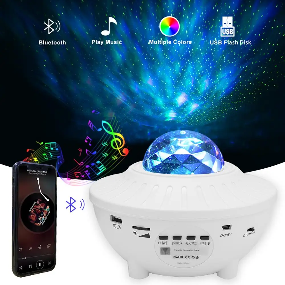 LED Star Night Light Music Starry Water Wave LED Projector Light Bluetooth Colorful Sound-Activated Starry Sky Projector Lamp