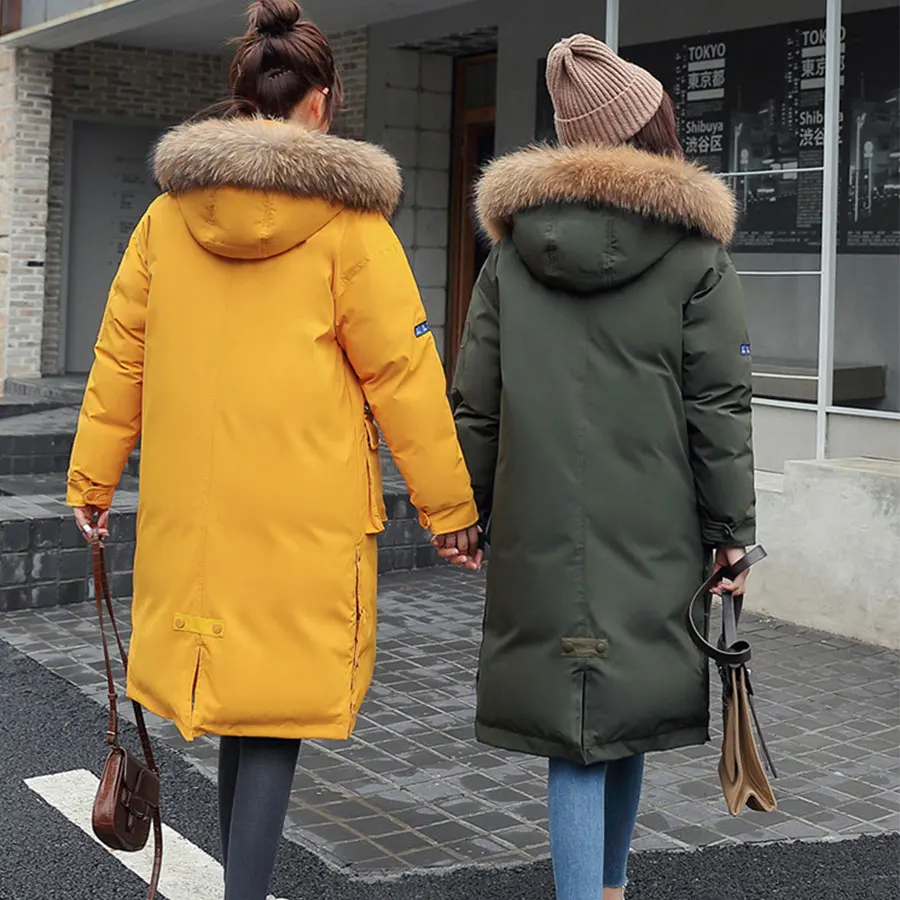 buy  Fur Hooded Long Winter Cotton Coats Women Solid Pockets Plus Size Jackets Coats Korean Female Thick