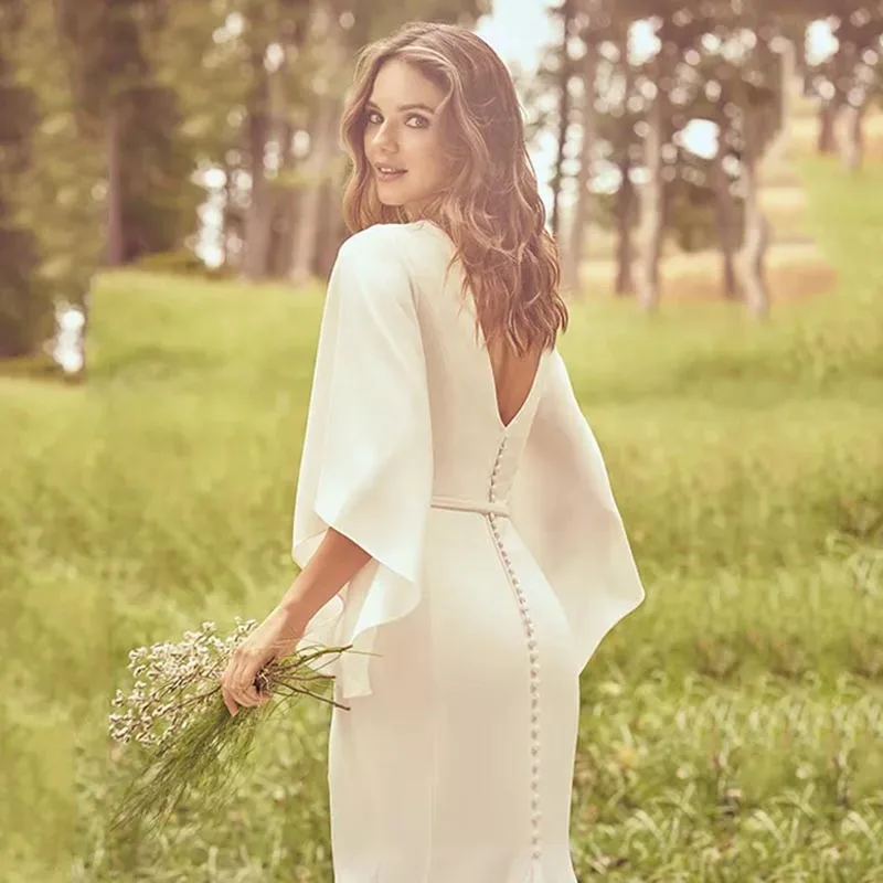 Batwing Sleeve Wedding Dress 2020 Ivory Trumpet Mermaid Wedding Dress Bride Dress Belt Chapel Train 34 Sleeve Weeding Gowns (1)