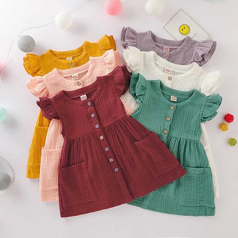 Toddler Kid Baby Girl Summer Dress Ruffles Sleeves Cotton Linen Party Children Girls Casual Button Pocket Dress Sundress Clothes girls dress