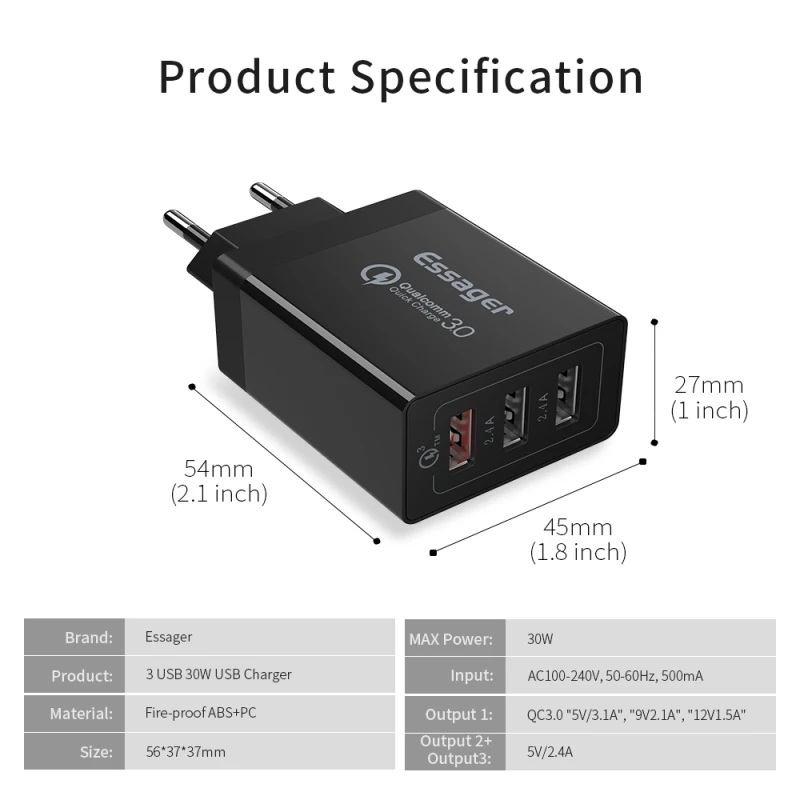 Essager Quick Charge 3,0 USB зарядное устройство 30 Вт QC3.0 QC Turbo Быстрая зарядка мульти разъем зарядное устройство для мобильного телефона для iPhone samsung Xiaomi