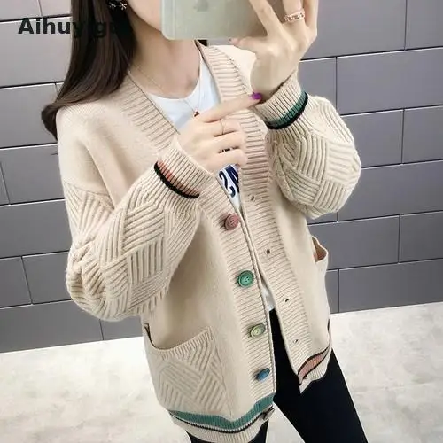 

Aihuyigui 2019 Women Knitted Jacket Red Autumn Winter Loose Cardigan Single Breasted Pocket Cardigan Sweater Ti138