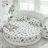Cotton Fitted Sheet with Elastic Bands Bed Linen for Round Mattress Cover Solid Color Single Queen Size Black White Bedspread 2