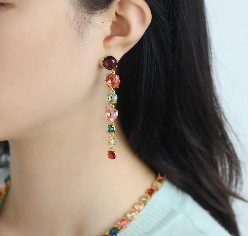 CSxjd Роскошные элегантные ювелирные изделия multicolorglass Кристалл семь драгоценных камней длинные серьги