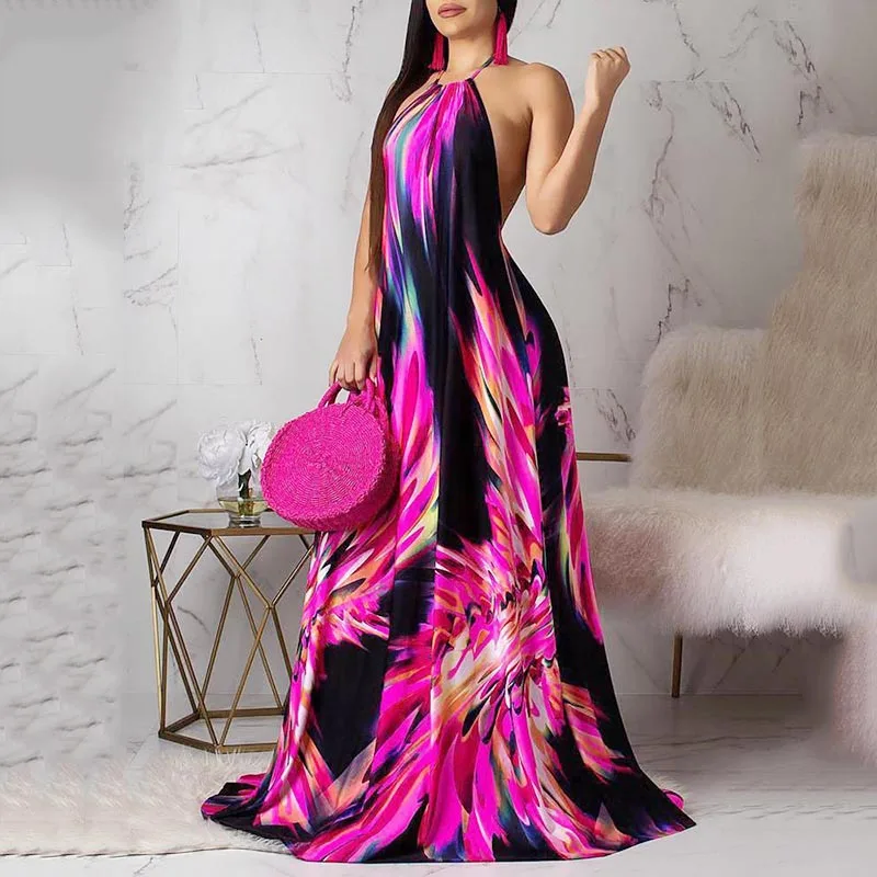 Женское богемное платье с цветочным принтом и открытой спиной, свободный стиль, повседневное летнее пляжное платье в пол без рукавов - Цвет: Фиолетовый