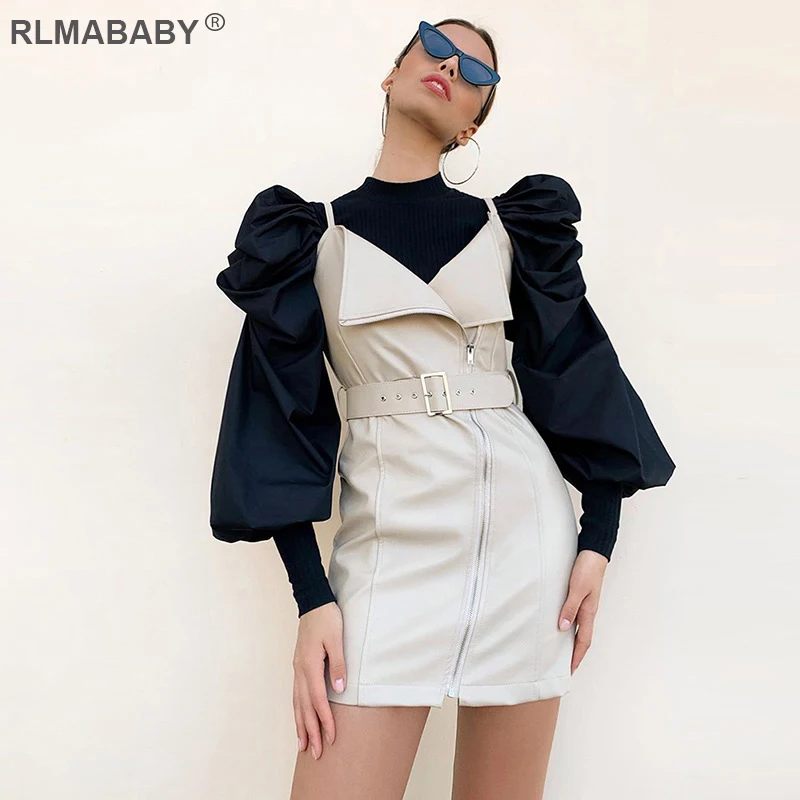 RLMABABY Vintage Puff Sleeve Sexy Women Tshirts O Neck Female Tee Shirts Knitted Ribbed Spliced Casual Autumn Winter Ladies Top