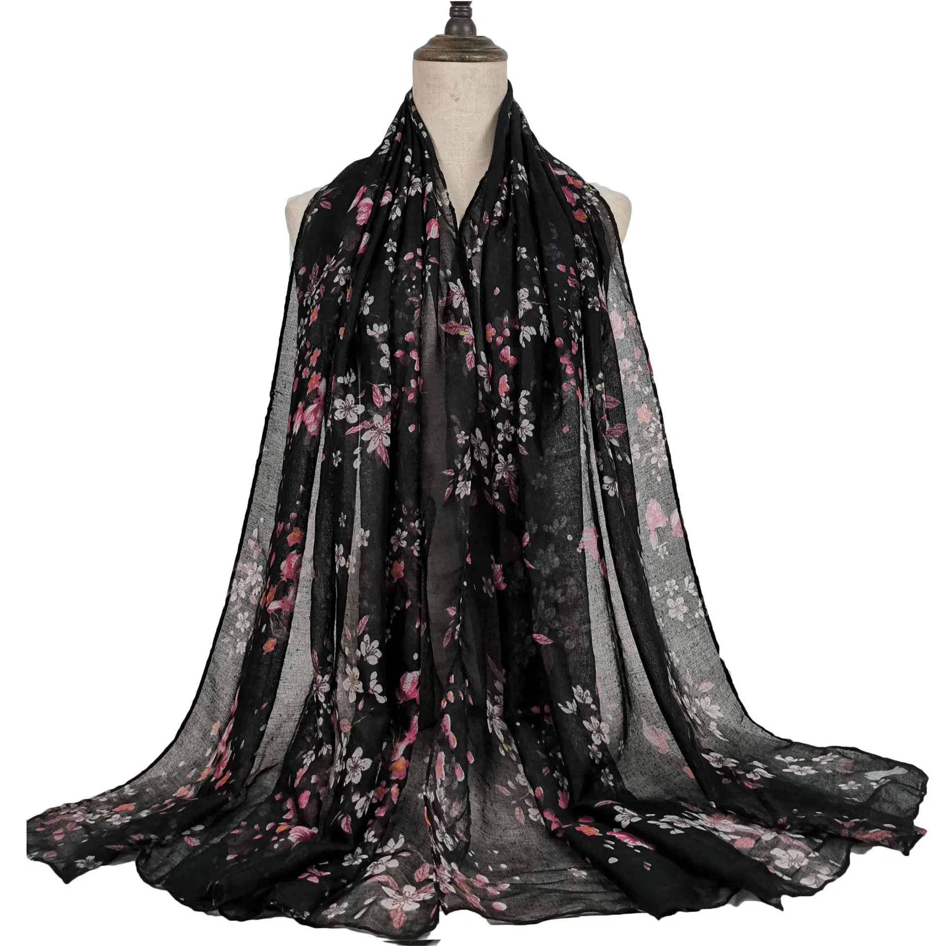 

Fashion Women African Black Floral Viscose Scarf Lady Print Soft Voile Shawls and Wraps Female Foulard Echarpe Designer 180*80Cm