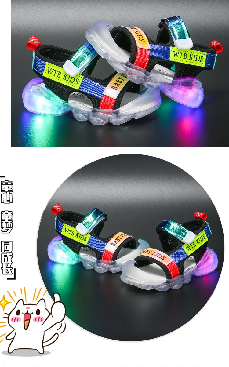 Summer Boy Toddler Sandals Letters Colorful Led Light Shoes Baby Girl Shoes Wear-resistant Kids Fashion Luminous Sandals extra wide fit children's shoes