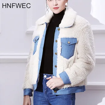 

2020 Winter Warm WOmen Faux Fur Jacket Fashion Denim Jeans Patchwork Fake Lambs Wool Thick Cotton Padded outwear Y636