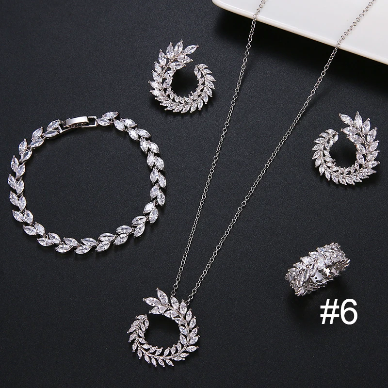 4 Pcs Set Ring6 4 шт. в форме листа, модное CZ ожерелье, серьги, браслет и кольцо, наборы, брендовые циркониевые серебряные Ювелирные наборы, Женские аксессуары - Окраска металла: 4 Pcs Set Ring6