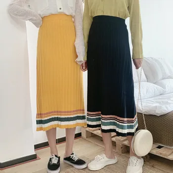 

Autumn Winter High Quality Elastic Waist Pleated Sweater Skirt Women Hit Color Strip Knit Skirt Female Casual New Thick Skirt