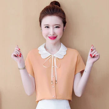 

COIGARSAM Short Sleeve blouse women New Summer Chiffon Loose Bow Belt blusas womens tops and blouses Orange White Purple 6071