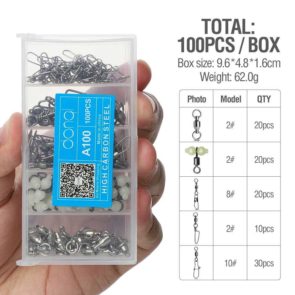 100 Pcs DONQL 100 шт./кор. Нержавеющая сталь подшипники, подшипники рыболовной разъем рыболовный крючок приманкой световой Роллинг Поворотный разъем карабин - Color: 100 Pcs