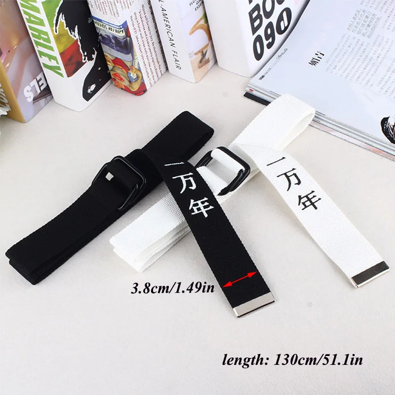 Black White Canvas Belt For Men Women Jeans Chinese Characters Personality Double Ring Buckle Belt Casual white Waistband Z3