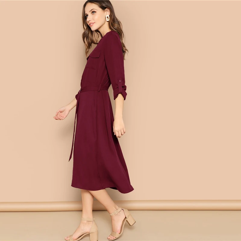 SHEIN закатать рукава рубашки с карманами поясом длинное платье Для женщин Весна с круглым вырезом Повседневное платье с длинным рукавом Женские миди платья