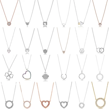 

New 100% 925 Sterling Silver Round Heart-shaped Romantic With Clear CZ Simple Necklace For Women Original Fashion Jewelry Gift