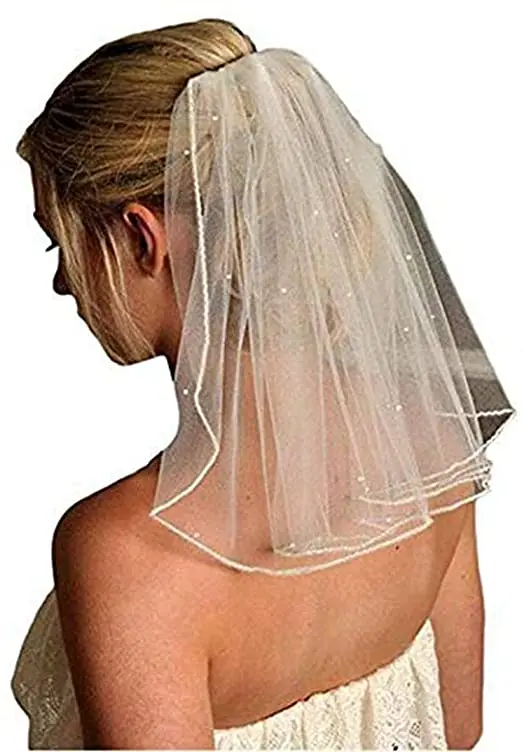 

Women's Short Wedding Comb Lace Appliques Beads Bridal Veil