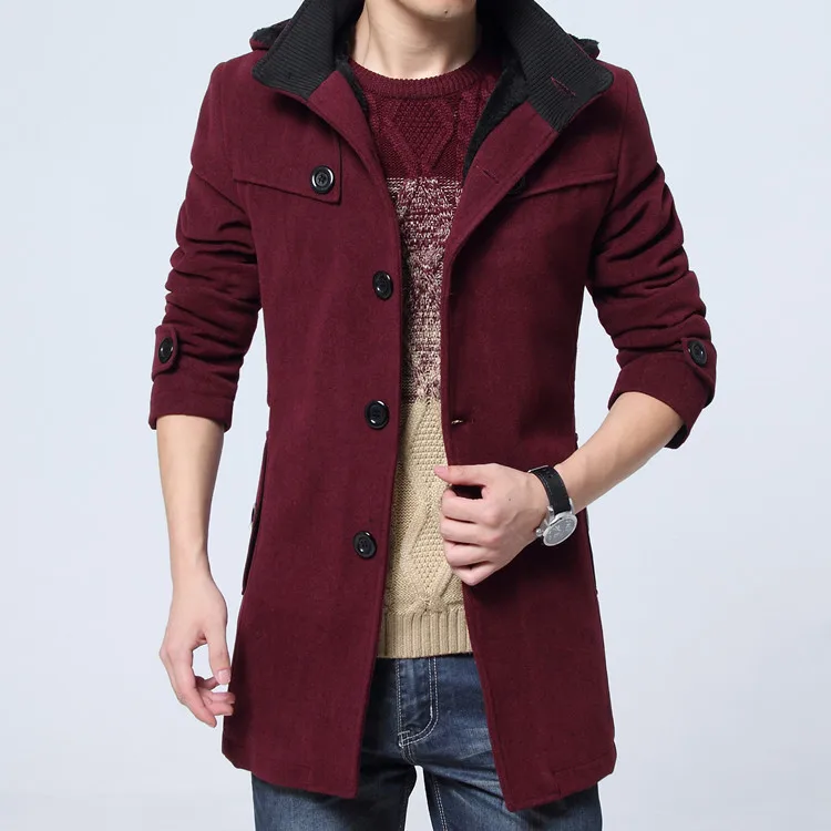 Winter Trench Coat Men Fashion Long Overcoat Men Hot Sale Woollen Coat Thick Men's Clothing Size 4XL Wool Jackets - Цвет: Бургундия