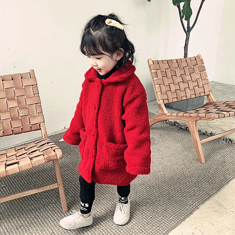 Зимнее пальто для маленьких девочек модные красные кашемировые теплые куртки длинные пальто детская одежда, пальто