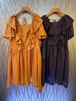 

2020 Spring and Summer New Women's Small Square Collar Slingback Ruffles Stitching Neckline Solid Color Dress 605