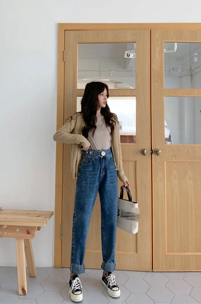 Loose Jeans Woman New Fashionthin Solid Color Big Buckle Straight Pants Wool Side Jeans Long Pants Women High Waist Woman