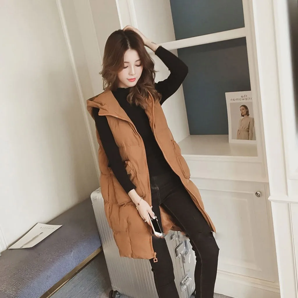 JAYCOSIN ladies new fashion stand collar wild long vest casual solid color warm hooded cotton vest autumn and winter hot jacket