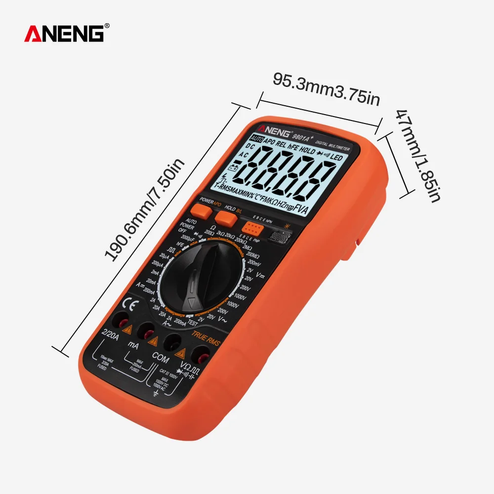 ANENG 9801A+ цифровой мультиметр True RMS 2000 отсчетов ручное Сопротивление Емкость Diod транзистор 1000 В 20A живой провод