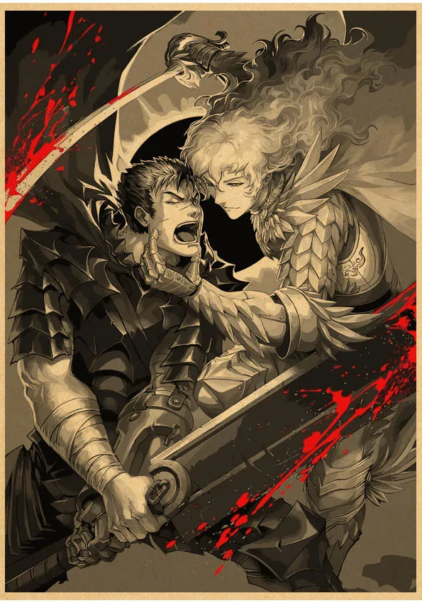 Poster japonês de anime berserk, adesivo de parede de decoração diverso  gatsu, papel kraft, impressão de