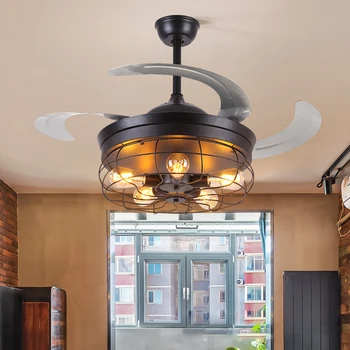 

42 inch retro ceiling fan remote control light invisible retractable fan leaf lamp bulb folding lights Living room bedroom E27