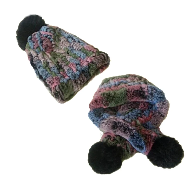 Multi-Color 1 Girls Real Rex Rabbit Fur Hat Scarf Christmas Winter Warm Beanie Cap For Children Hand-Woven Fluffy Soft - Цвет: Multi-Color 1