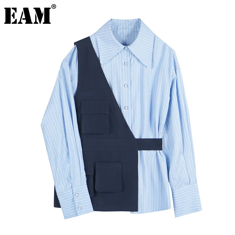 [EAM] Women Blue Striped Irregular Big Size Blouse