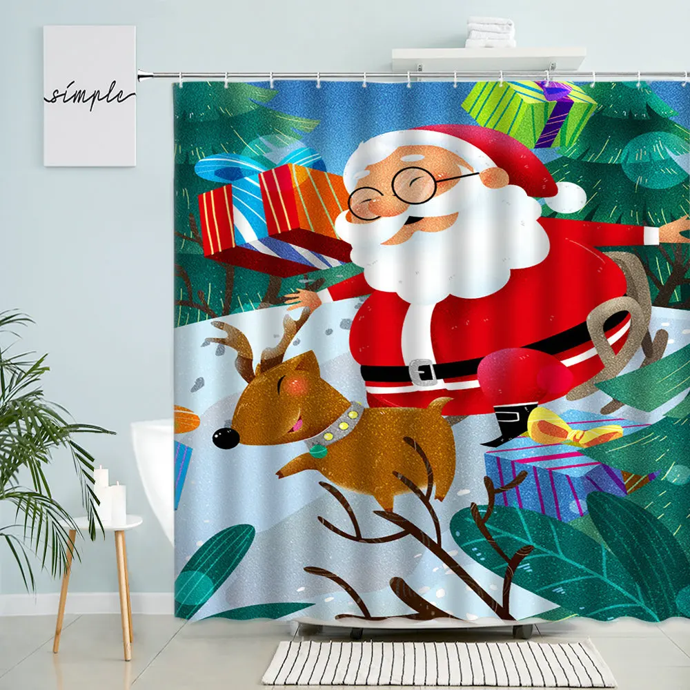 

Cartoon Santa Shower Curtain Deer Animal Fairy Tale Forest Trees Holiday Gift Child Bathroom Decor Waterproof Polyester Curtains
