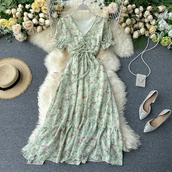 

Vintage 2020 v Neck Drawstring floral Print Summer chiffon Midi Long Dress Party Women Elegant ruffles Beach holiday tunic Dress