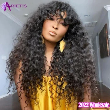 Water Wave Wig Glueless None Lace Front Human Hair Wigs For Women Pre-Plucked With Bangs 200% Density Full Machine Wig Hot Sale 1