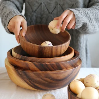 wooden Japanese style tableware household and basin fruit plate salad bowl whole soup bowl wooden bowl