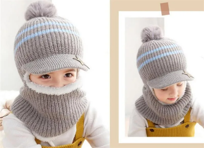 Вязаный короткий плюшевый шарф с капюшоном для девочек, детская шапка и шарф, детская зимняя теплая Защитная шапка с помпоном, шарфы, Аксессуары для мальчика