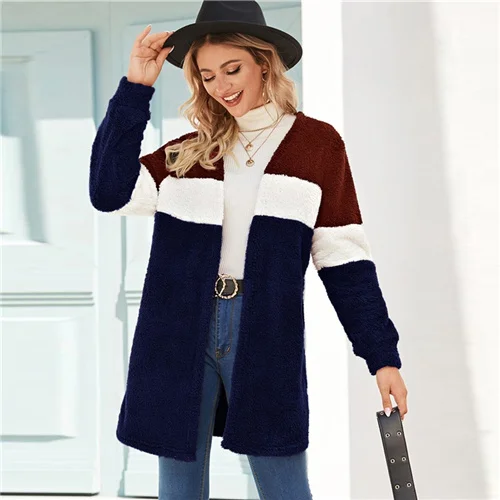 Multicolor SHEIN разноцветное повседневное зимнее пальто с открытой передней частью, женская уличная одежда с длинным рукавом, Женская эластичная верхняя одежда с цветными блоками - Цвет: Multicolor