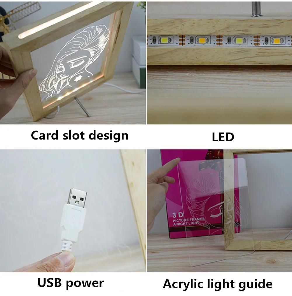 3D Иллюзия фоторамка светодиодный ночной Светильник деревянный стол Украшение стола с помощью кабеля USB Акриловые стразы с плоским основанием, Детский Рождественский подарок