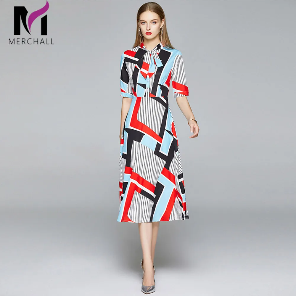 

Merchall New Summer Dress Runway Women Bow Neck Short Sleeve Vintage Stripe Print Midi Dress Vestidos Robe Femme clothes 2020
