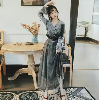 

Vintage Gray Maxi Dress Autumn Winter Long Sleeve Mesh Patchwork Slim Waist Long Dress Ladies Dress Robe Femme