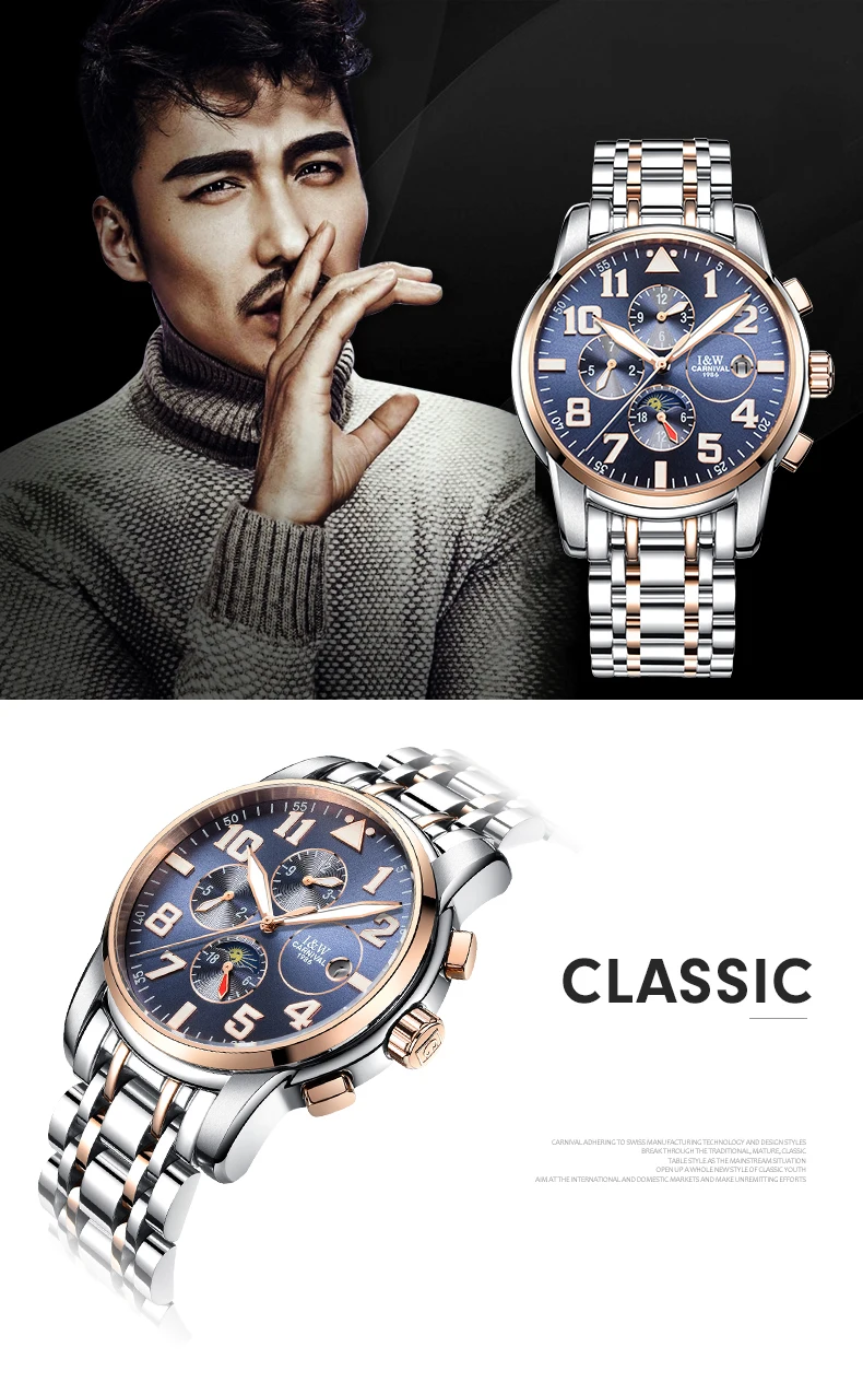 Relogio CARNIVAL Moon Phase Мужские часы Топ бренд класса люкс автоматические механические часы сталь Бизнес водонепроницаемые спортивные часы