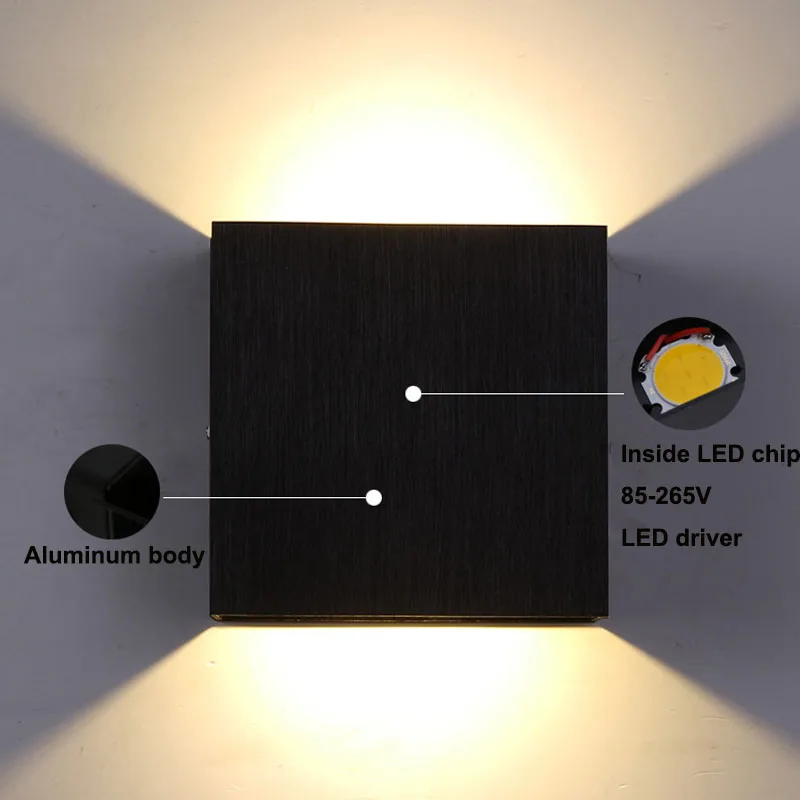 Для помещений, в форме куба, настенный светильник s 6 Вт, светодиодный настенный светильник с регулируемой яркостью, светильник для лестниц, светильник для спальни, прикроватная лампа из алюминия, AC110V/220 V