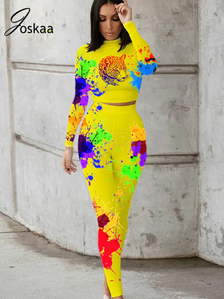 

Joskaa 2020 Autumn New Longsleeve Pullover Turtleneck Tie-dye Crop Top Casual Matching Suit Sexy Leopard Print LadyTwo-piece Set